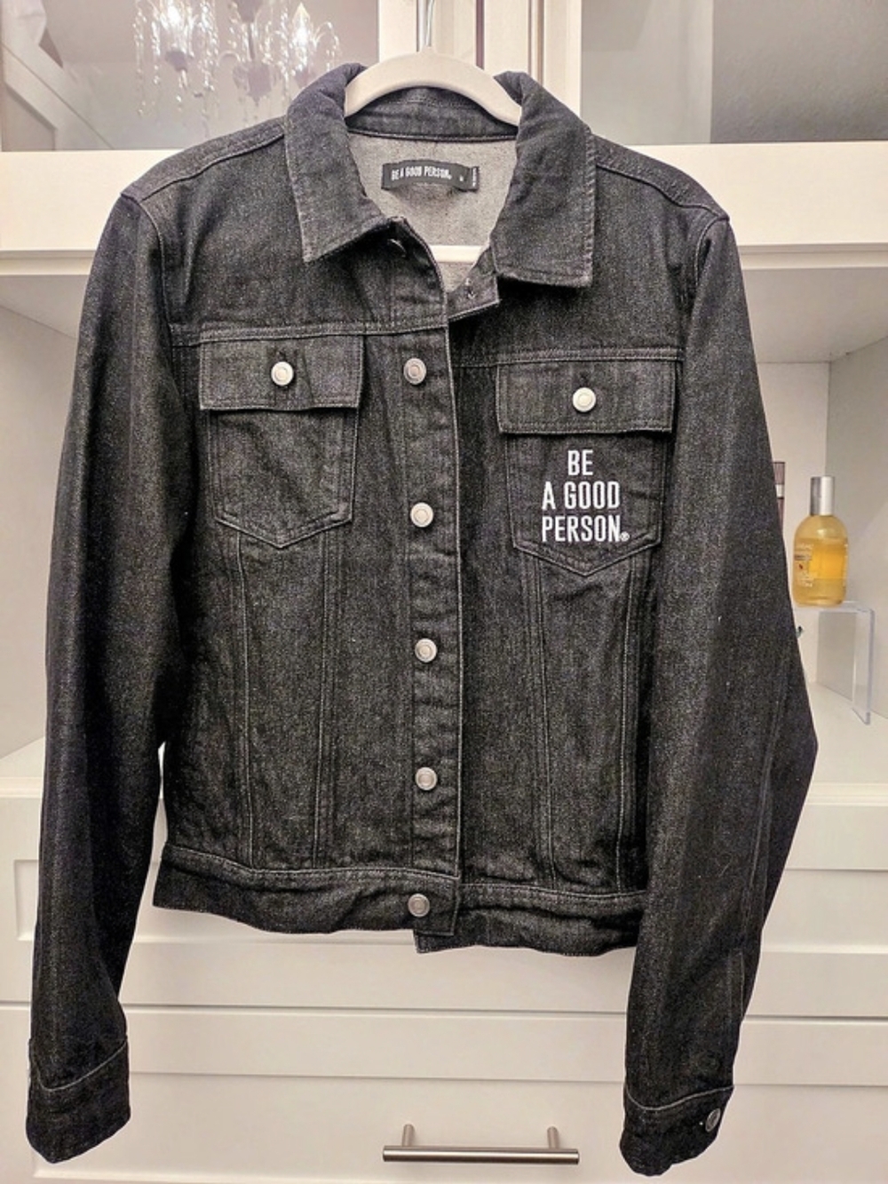 Be a Good Person Signature Embroidered Denim Jacket Black Medium